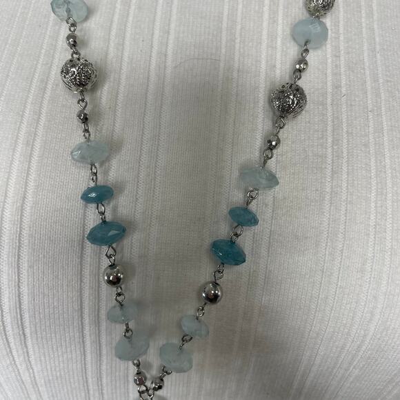 necklace blue faceted beads in silver tone setting tassel chic boho bohemian - Picture 2 of 11